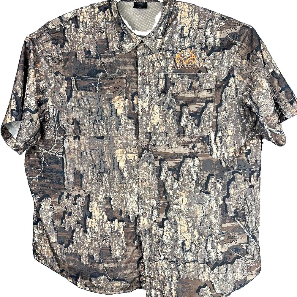 Ocean + Coast Realtree Timber Camo Button Up Short Sleeve Shirt 3XLT Pockets